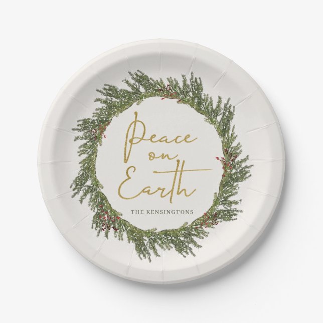 Elegant Rustic Peace on Earth Christmas Wreath Paper Plate (Front)