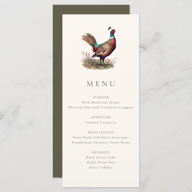 Elegant Rustic Pheasant Fall Hunting Dinner Menu (Front/Back)