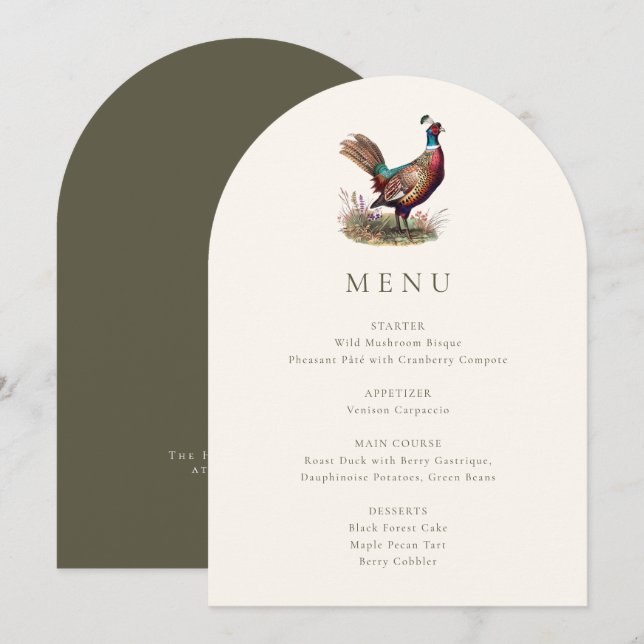 Elegant Rustic Pheasant Fall Hunting Menu Card (Front/Back)