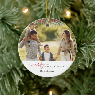 Elegant Rustic Pine Christmas Modern Photo Ceramic Ornament