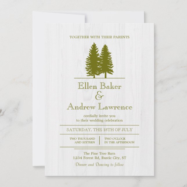 Elegant Rustic Pine Trees on White Wood Background Invitation (Front)