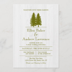 Elegant Rustic Pine Trees on White Wood Background Invitation