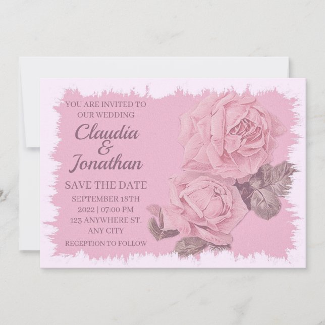 Elegant rustic pink roses floral wedding invitation (Front)