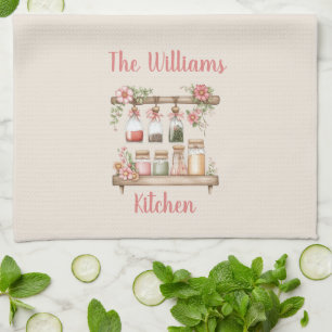 Elegant Rustic Pink Watercolor Floral Jar Tea Towel