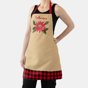 Elegant Rustic Poinsettia Flower Beige Name Apron