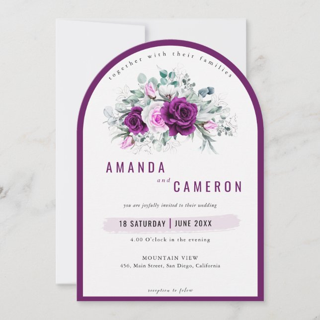 Elegant Rustic Purple Blush Floral Photo Wedding Invitation (Front)