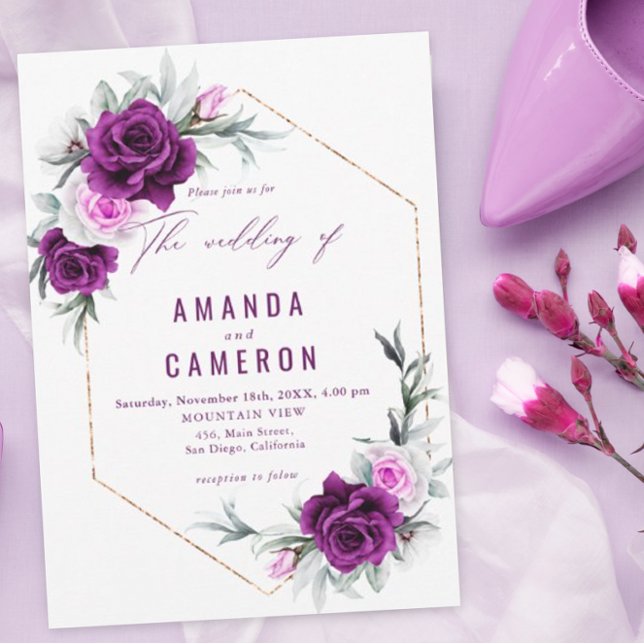 Elegant Rustic Purple Blush Geometric Wedding Invitation (Creator Uploaded)