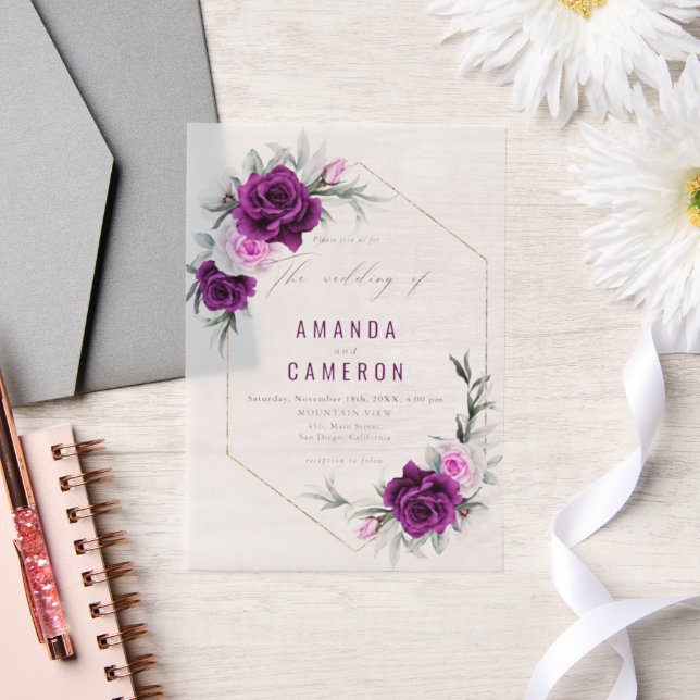 Elegant Rustic Purple Blush Geometric Wedding Vellum Invitations (Wedding)