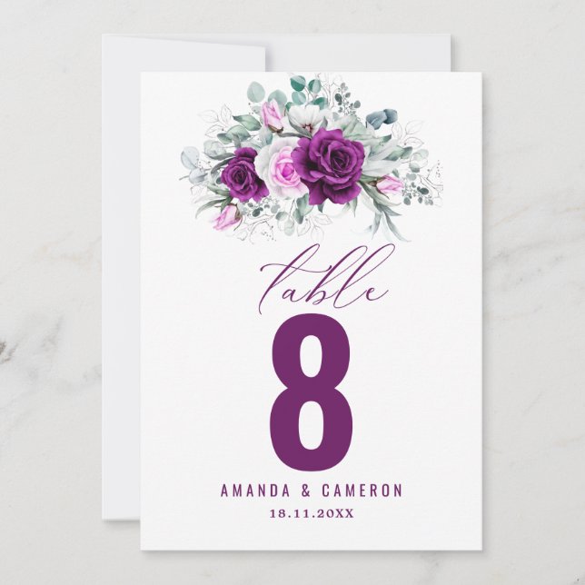 Elegant Rustic Purple Floral Wedding  Table Number (Front)
