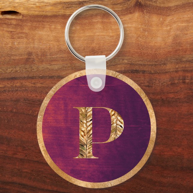 Elegant Rustic Purple & Gold Personalized Monogram Key Ring (Front)