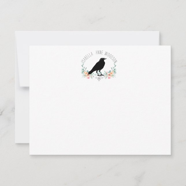 Elegant Rustic Raven Floral Name Card (Front)
