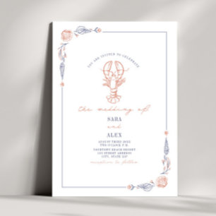 Elegant Rustic Red & Blue Beach Wedding Lobster Invitation