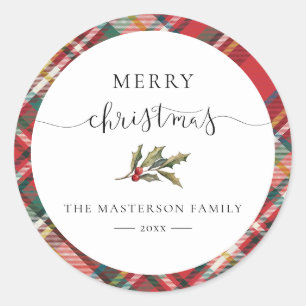 Elegant Rustic Red Chequered Plaid Christmas Classic Round Sticker