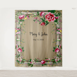 Elegant Rustic Red Roses Wedding Photo Backdrop Tapestry