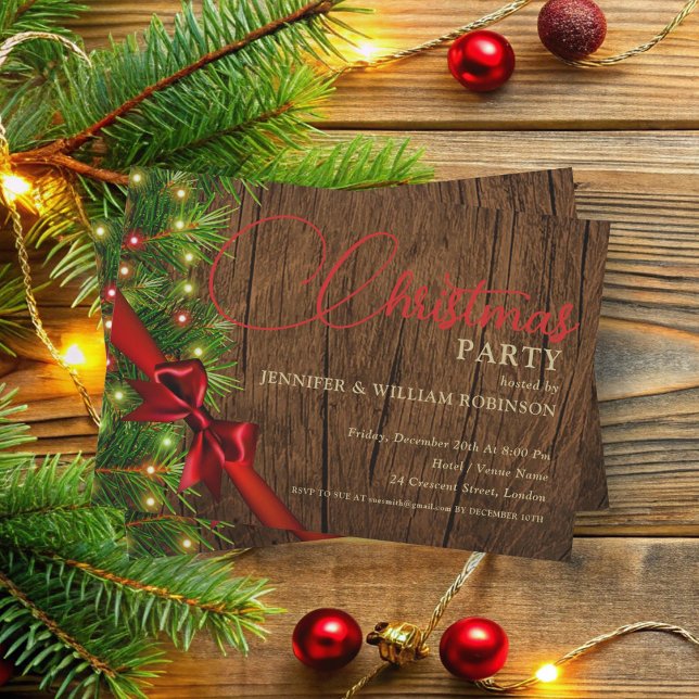 Elegant Rustic Ribbon & Pine Xmas Holiday Party Invitation (Elegant Rustic Ribbon & Pine Xmas Holiday Party Invitation)