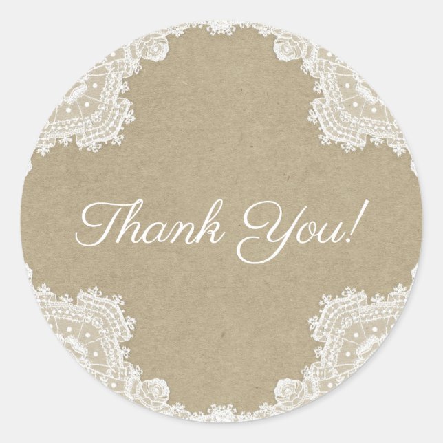 Elegant Rustic Romance White Lace & Kraft Wedding Classic Round Sticker (Front)