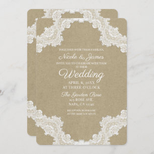 Elegant Rustic Romance White Lace & Kraft Wedding Invitation