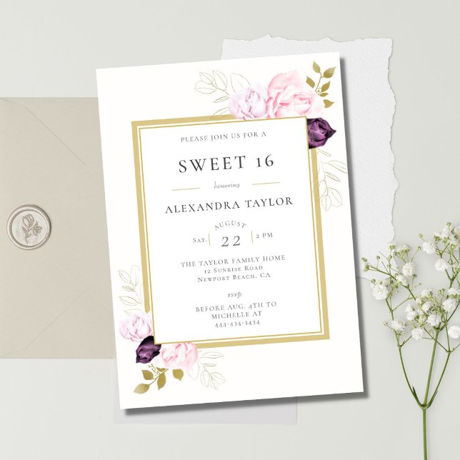 Elegant Rustic Rose Frame Gold Eucalyptus Sweet 16 Invitation (Creator Uploaded)