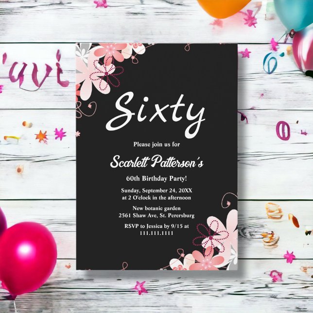 Elegant Rustic Roses Black Floral 60th Birthday Invitation (Creator Uploaded)