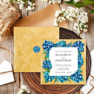 Elegant Rustic Sand Navy Blue Hydrangeas Wedding Invitation