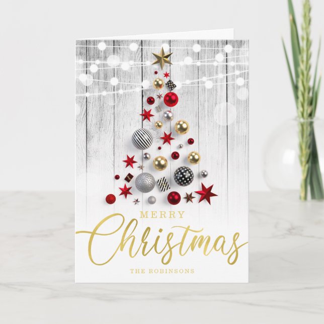 Elegant Rustic Silver Gold Christmas Tree Holiday Card (Front)