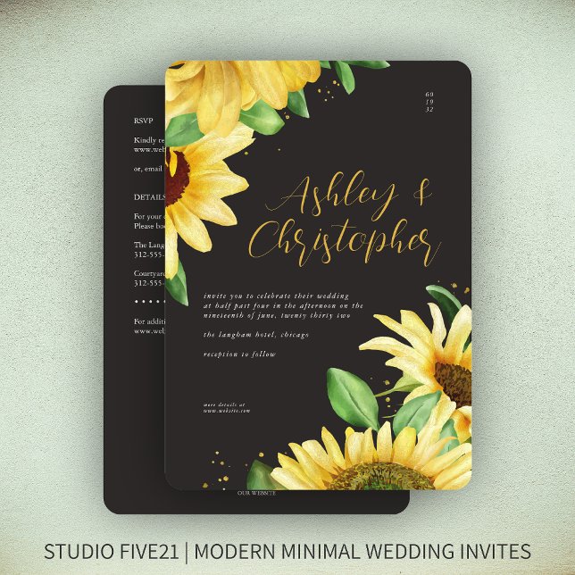 Elegant Rustic Sunflower Black All-in-One Wedding Invitation (Creator Uploaded)