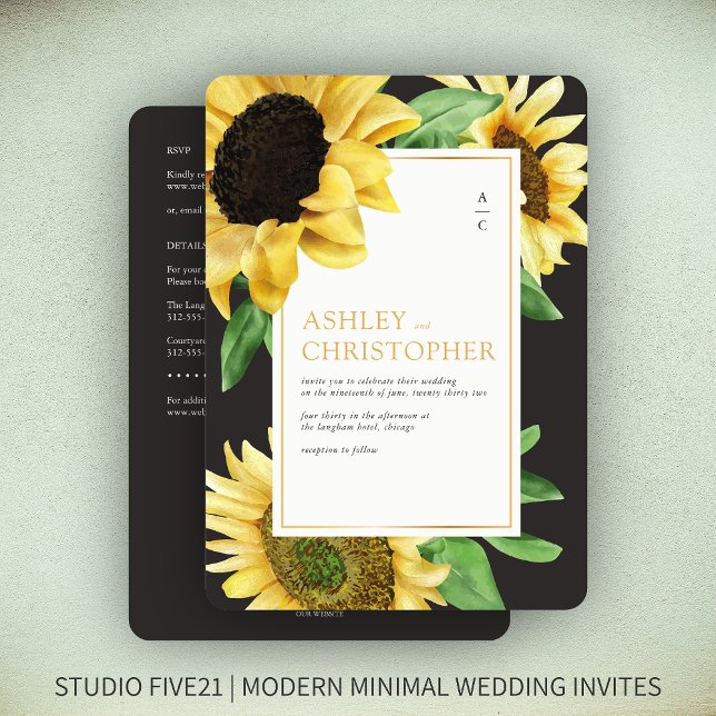 Elegant Rustic Sunflower Black All-in-One Wedding Invitation (Creator Uploaded)