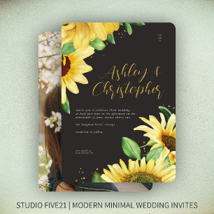 Elegant Rustic Sunflower Black Photo Wedding Invitation