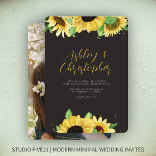 Elegant Rustic Sunflower Black Photo Wedding Invitation