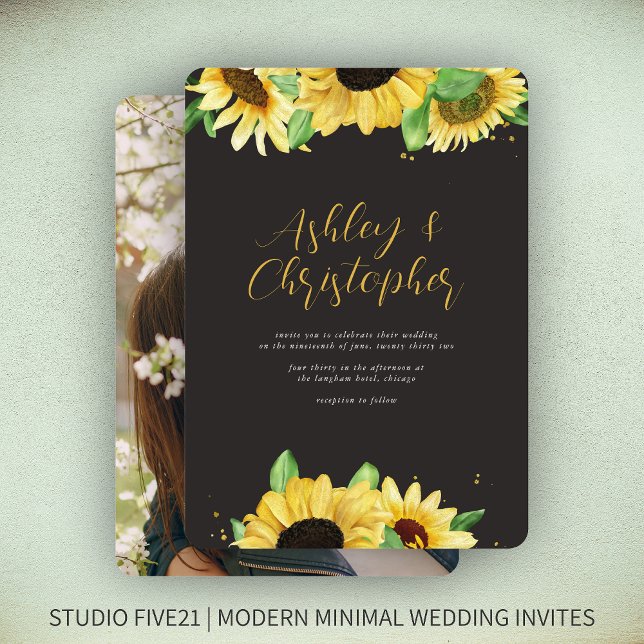 Elegant Rustic Sunflower Black Photo Wedding Invitation (Creator Uploaded)