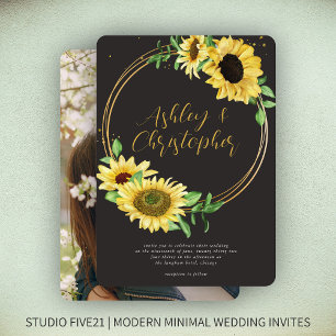 Elegant Rustic Sunflower Black Photo Wedding Invitation