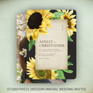 Elegant Rustic Sunflower Black Photo Wedding Invitation