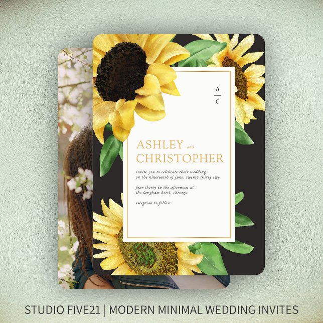 Elegant Rustic Sunflower Black Photo Wedding Invitation (Creator Uploaded)