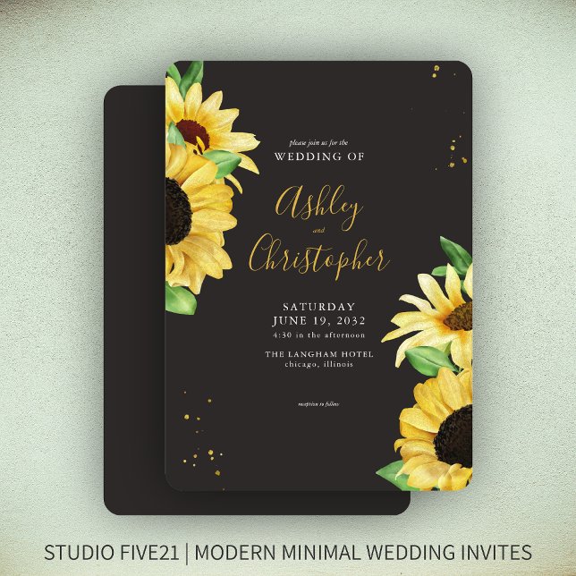Elegant Rustic Sunflower Black Wedding Invitation (Creator Uploaded)