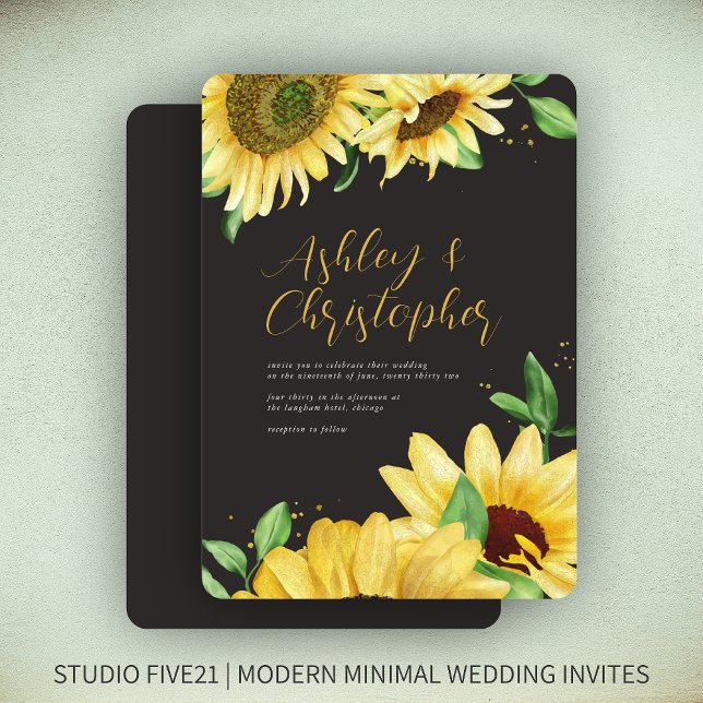 Elegant Rustic Sunflower Black Wedding Invitation (Creator Uploaded)
