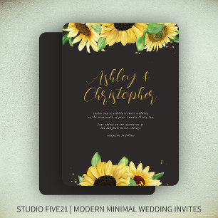 Elegant Rustic Sunflower Black Wedding Invitation