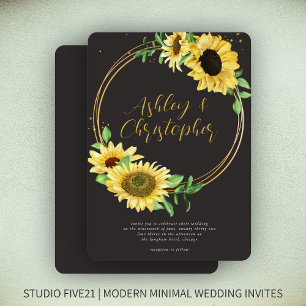Elegant Rustic Sunflower Black Wedding Invitation