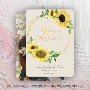 Elegant Rustic Sunflower Bone Photo Wedding Invitation