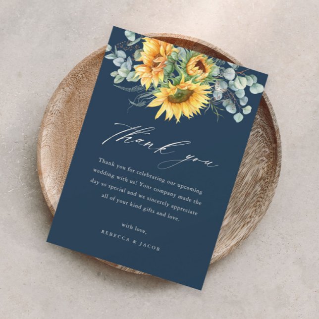 Elegant Rustic Sunflower Bridal Shower Thank You Card (Elegant sunflower eucalyptus bridal shower thank you card with modern handwritten script.)