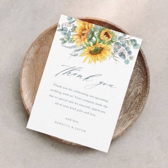 Elegant Rustic Sunflower Bridal Shower Thank You Invitation (Elegant sunflower eucalyptus bridal shower thank you card with modern handwritten script.)
