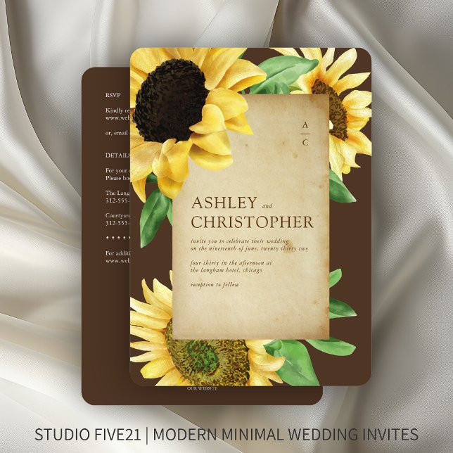 Elegant Rustic Sunflower Brown All-in-One Wedding Invitation (Creator Uploaded)