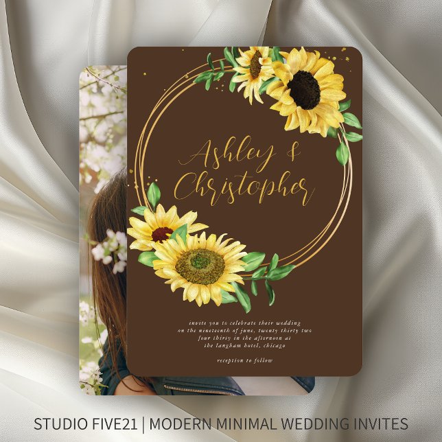 Elegant Rustic Sunflower Brown Photo Wedding Invitation (Creator Uploaded)