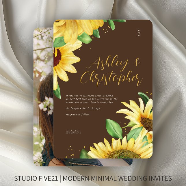 Elegant Rustic Sunflower Brown Photo Wedding Invitation (Creator Uploaded)