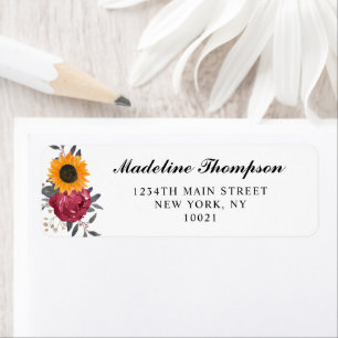 Elegant Rustic Sunflower Burgundy Script Return Address Label