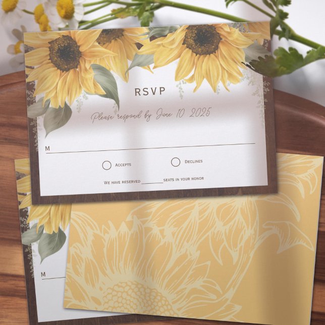 Elegant Rustic Sunflower, Country  Fall wedding (rustic wedding RSVP cards, adorned with vibrant yellow watercolor sunflowers. )