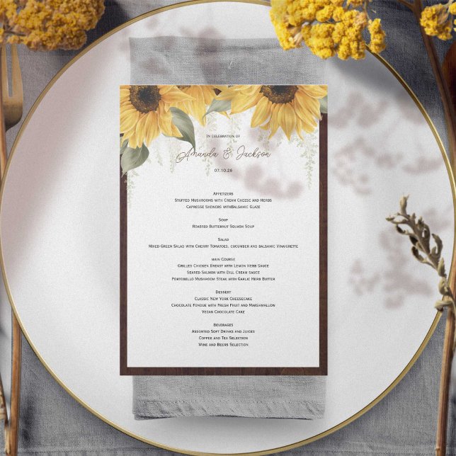 Elegant rustic Sunflower, Country wedding Menu (Sunflower themed, rustic wedding menu cards. Features beautiful watercolor sunflowers.)