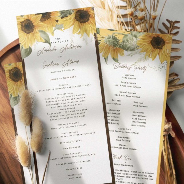 Elegant rustic sunflower, country wedding program (Beautiful watercolor sunflower painting, rustic themed wedding programs for summer and fall wedding.)