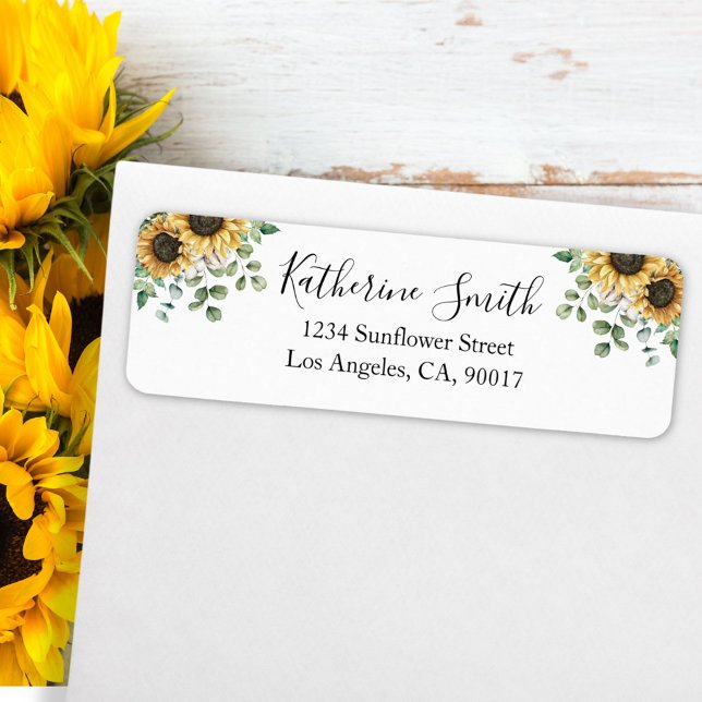 Elegant Rustic Sunflower Eucalyptus Return Address Label (In situ on envelope)