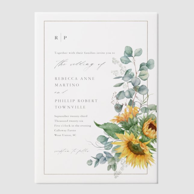 Elegant Rustic Sunflower Fall Wedding Vellum Invitations (Front)