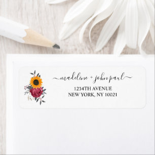 Elegant Rustic Sunflower Floral Burgundy Wedding Return Address Label